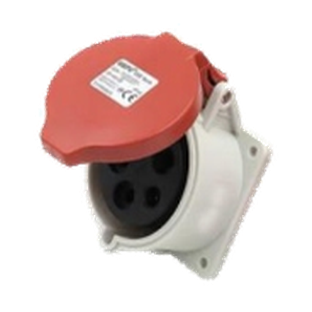 VMCABLE VMPR5823, red five-pole 32 A female panel socket with cover, authentic catalogue photo on transparent background